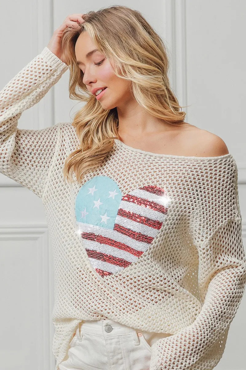 Off White Sequin American Flag Heart Knit Top - Tigbul's Variety Fashion Shop
