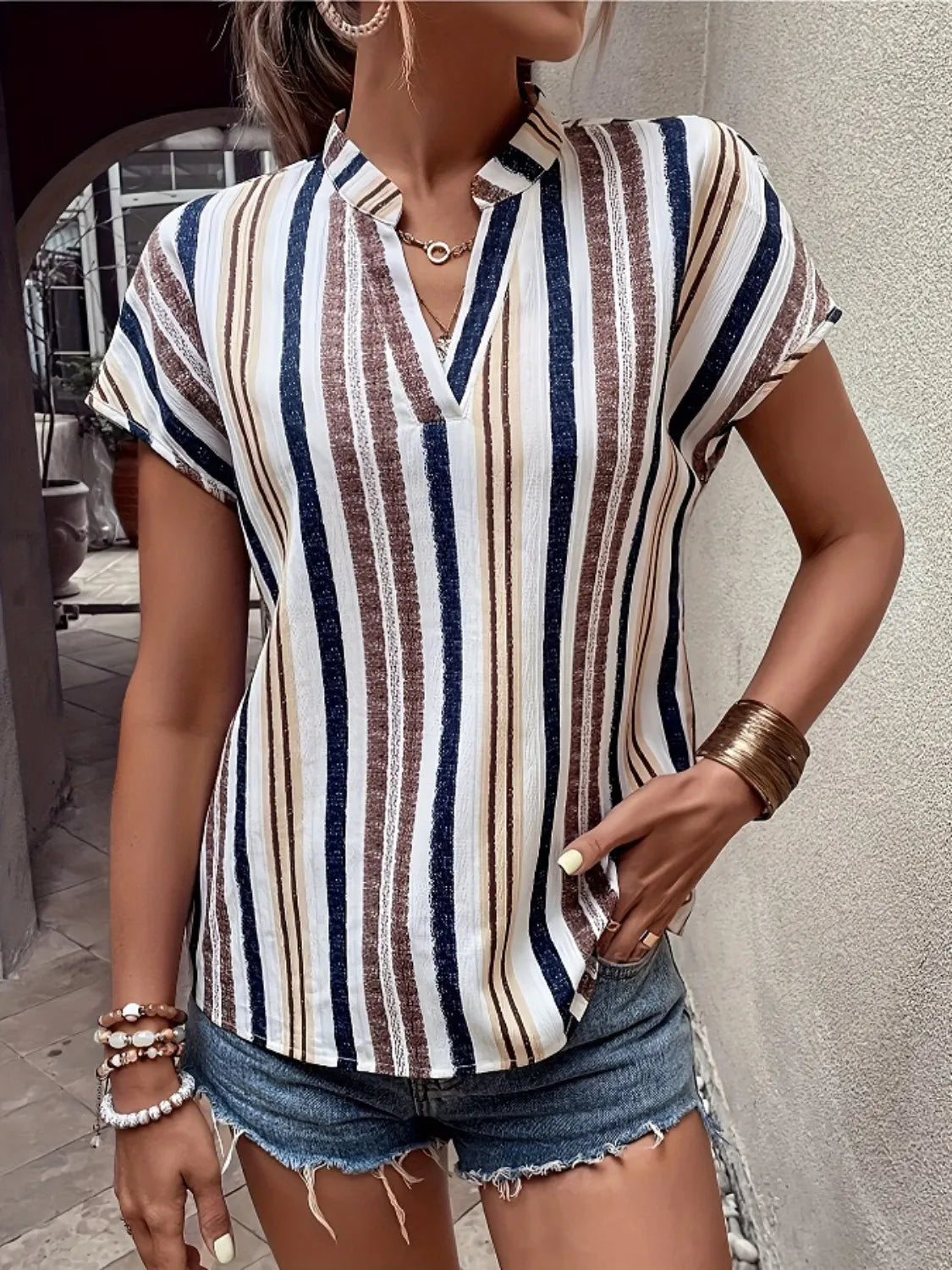 Striped Notched Short Sleeve Shirt - Tigbul's Variety Fashion Shop
