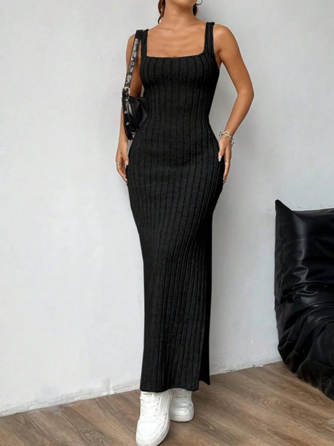 Cutout Square Neck Wide Strap Knit Dress - Tigbul's Variety Fashion Shop