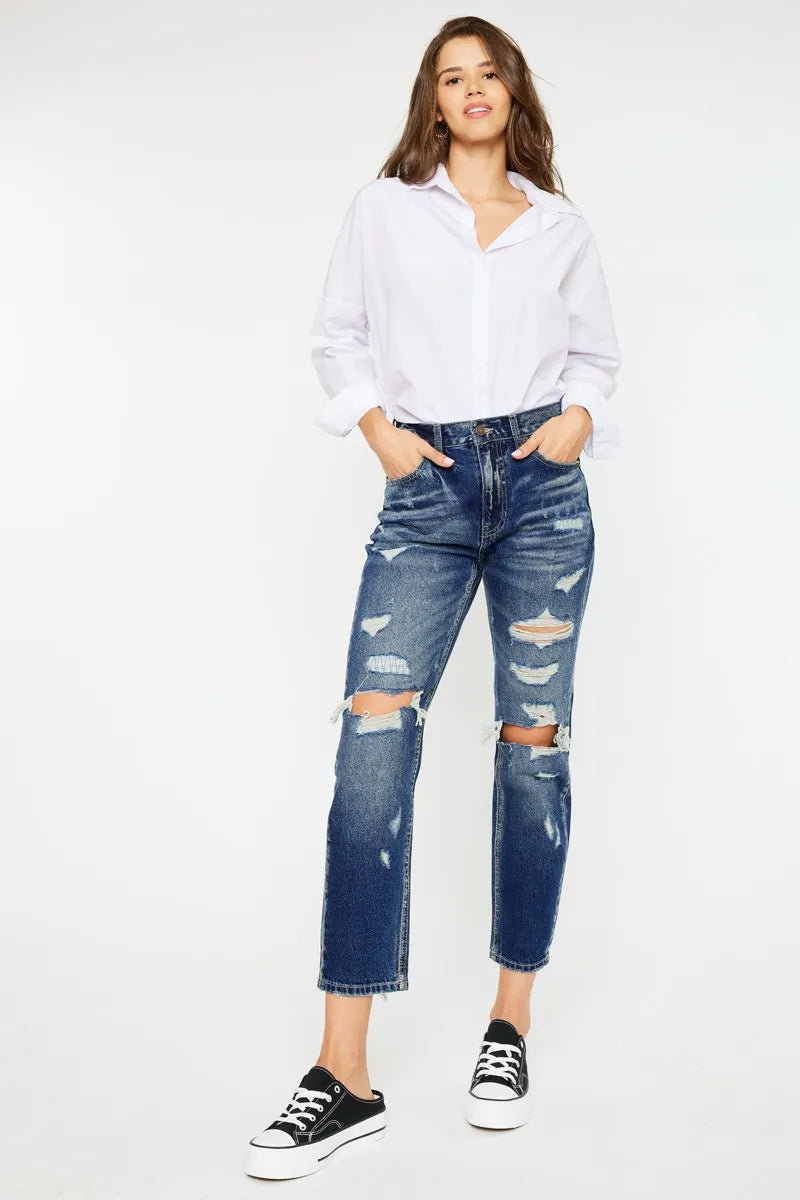 Kancan High Rise Distressed Mom Fit Jeans - Tigbul's Variety Fashion Shop