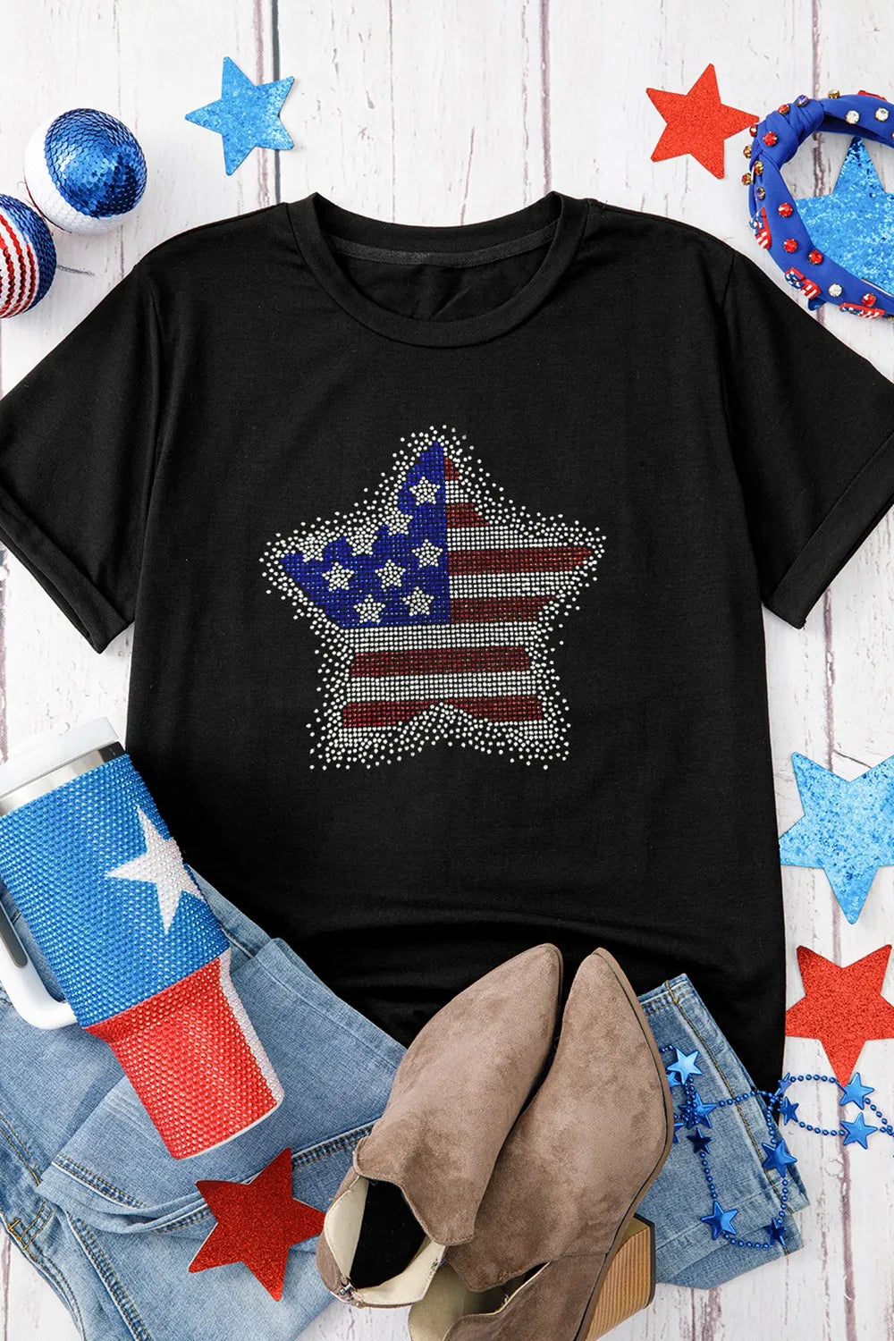 Star Round Neck Short Sleeve Black T-Shirt - Tigbul's Variety Fashion Shop