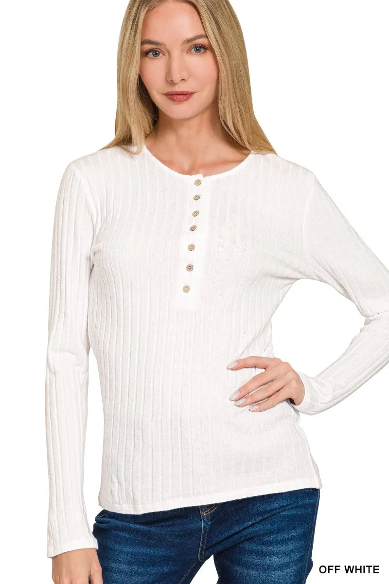 Zenana Ribbed Long Sleeve Half Button Top - Tigbul's Variety Fashion Shop