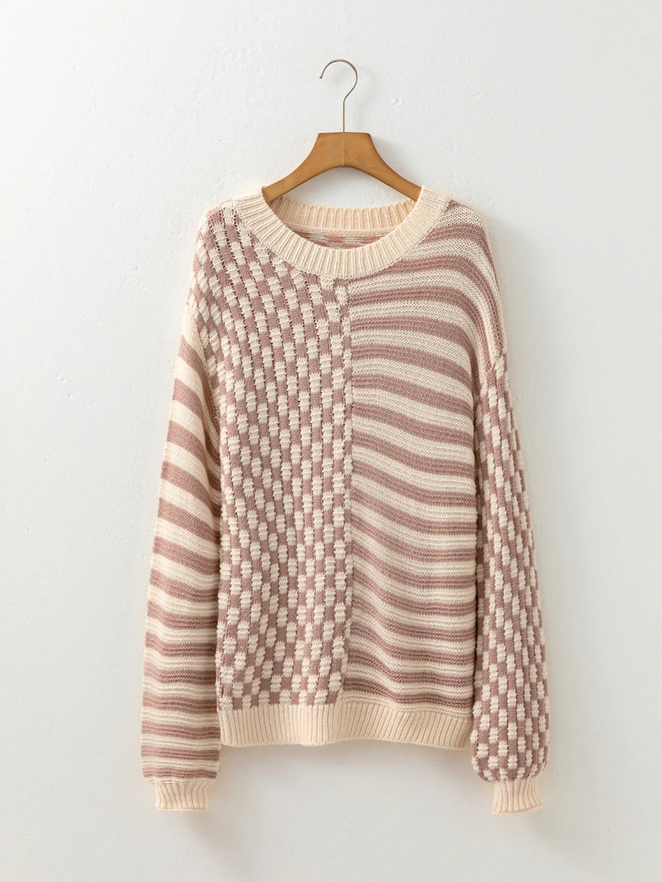 Stripe Checkerboard Drop Shoulder Balloon Sleeve Sweater - Tigbul's Variety Fashion Shop