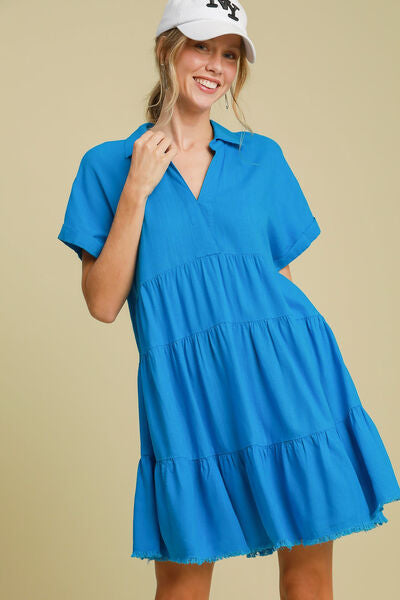 Blue Raw Hem Folded Sleeve Tiered Dress - Tigbul's Variety Fashion Shop