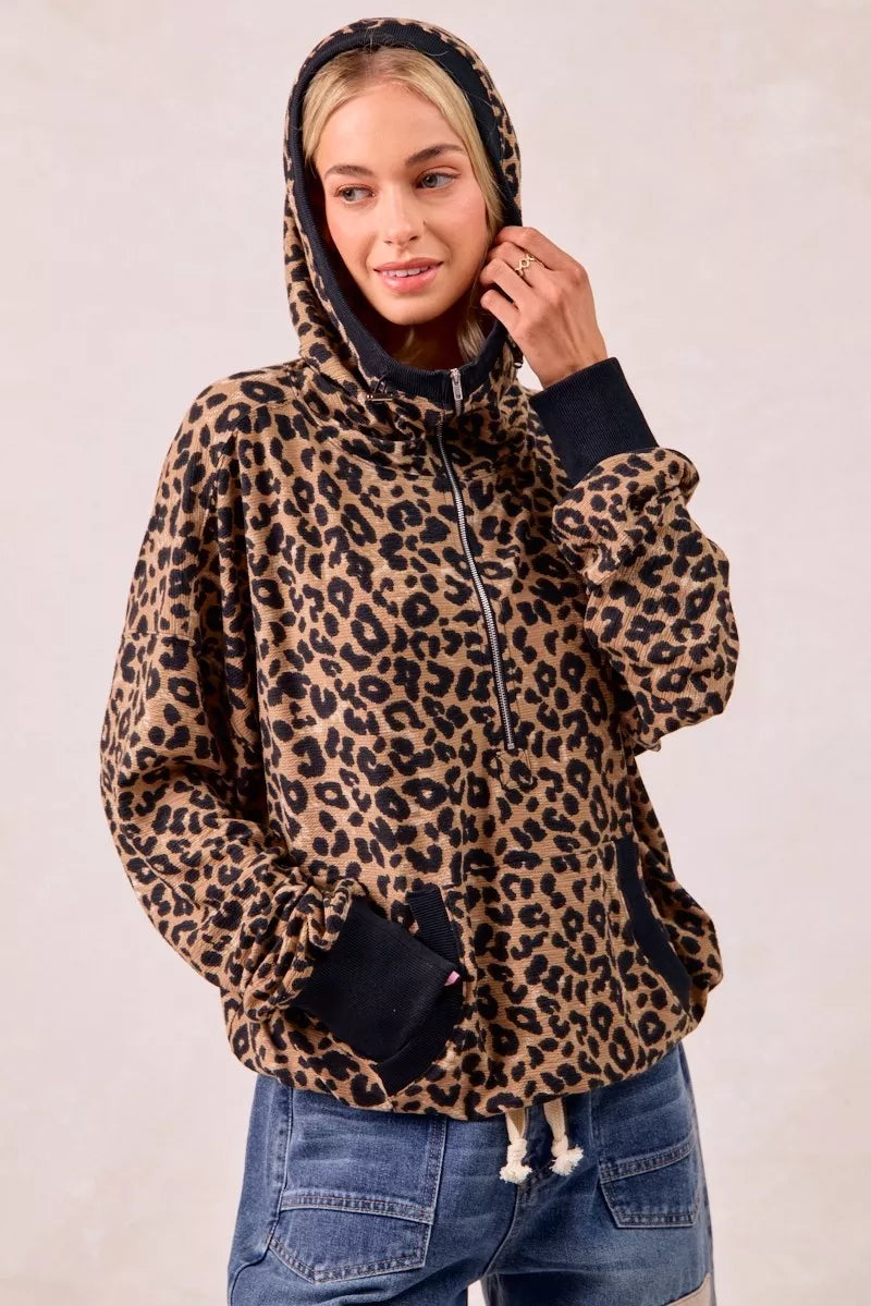 BiBi Leopard Print Waffle Half Zip Up Hoodie W Pocket - Tigbul's Variety Fashion Shop