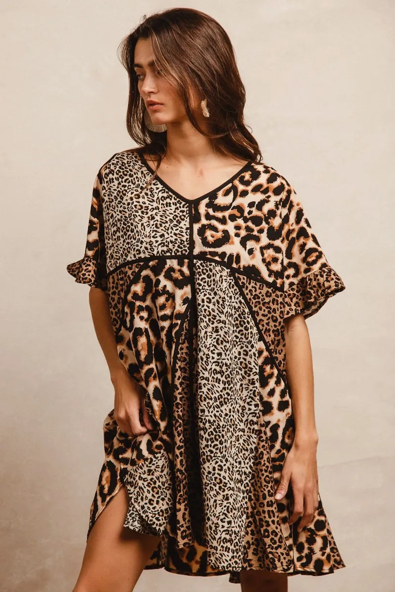 BiBi Leopard Prints Mix and Match Short Sleeves Dress - Tigbul's Variety Fashion Shop