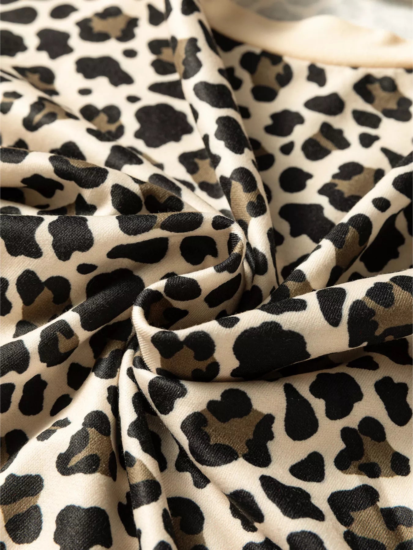 Leopard Print Contrast Trim Long Sleeve Pullover and Drawstring Shorts 2pcs Outfit - Tigbul's Variety Fashion Shop