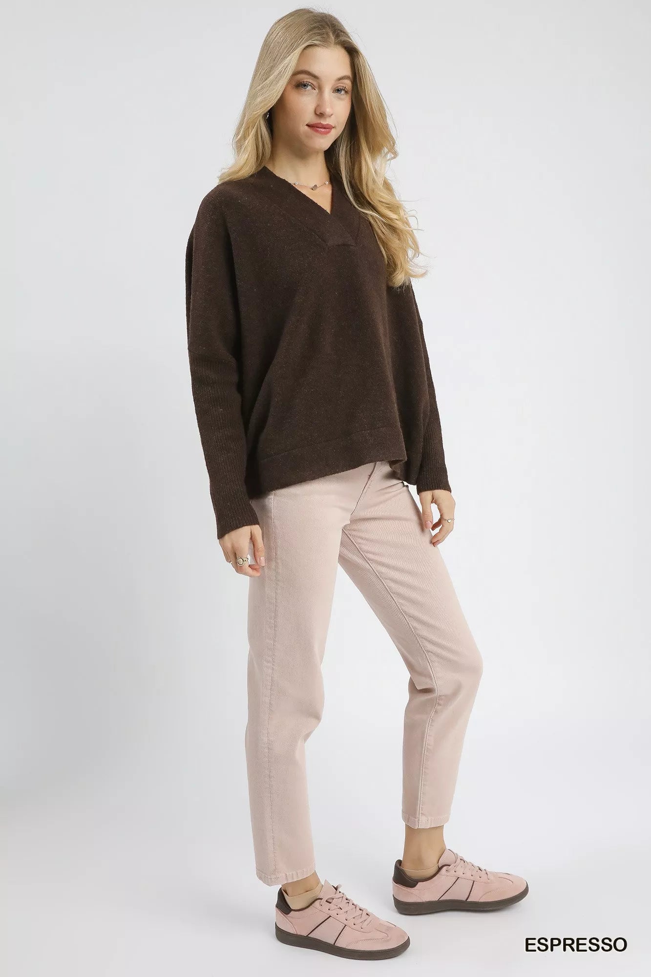 Umgee V-Neck Sweater with Wide Trim Detail - Tigbul's Variety Fashion Shop