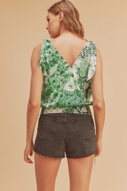 Aemi + Co Smocked Hem Printed Surplice Tank - Tigbul's Variety Fashion Shop