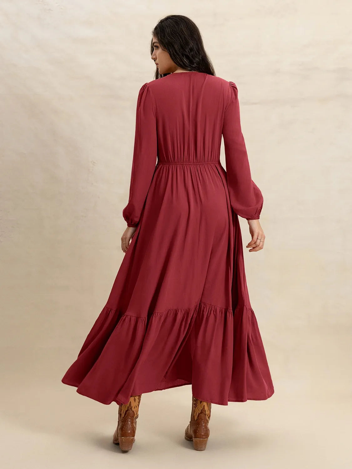 Burgundy V-Neck Balloon Sleeve Ruffled Hem Maxi Dress - Tigbul's Variety Fashion Shop