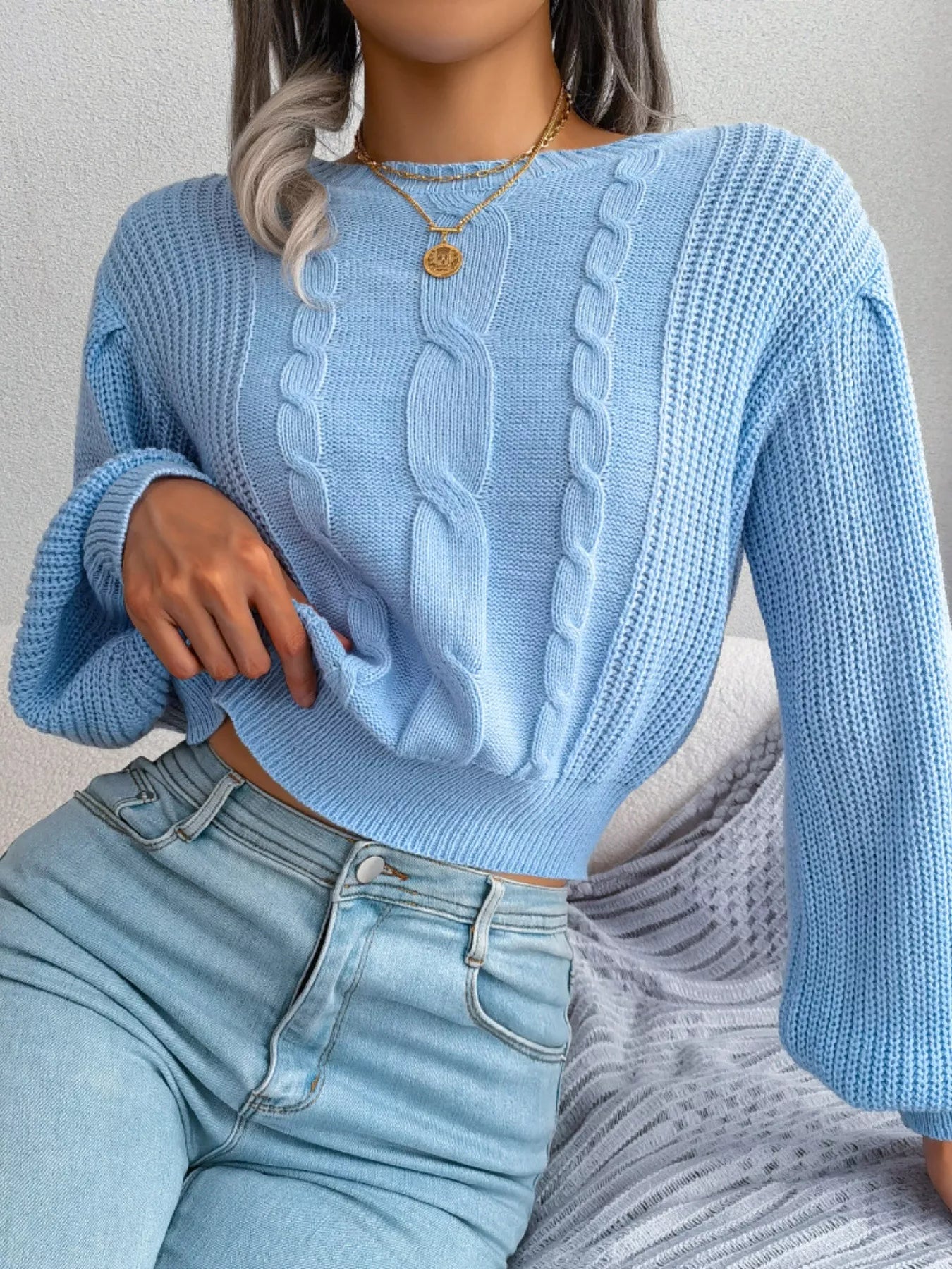Cable Knit Round Neck Cropped Sweater - Tigbul's Variety Fashion Shop