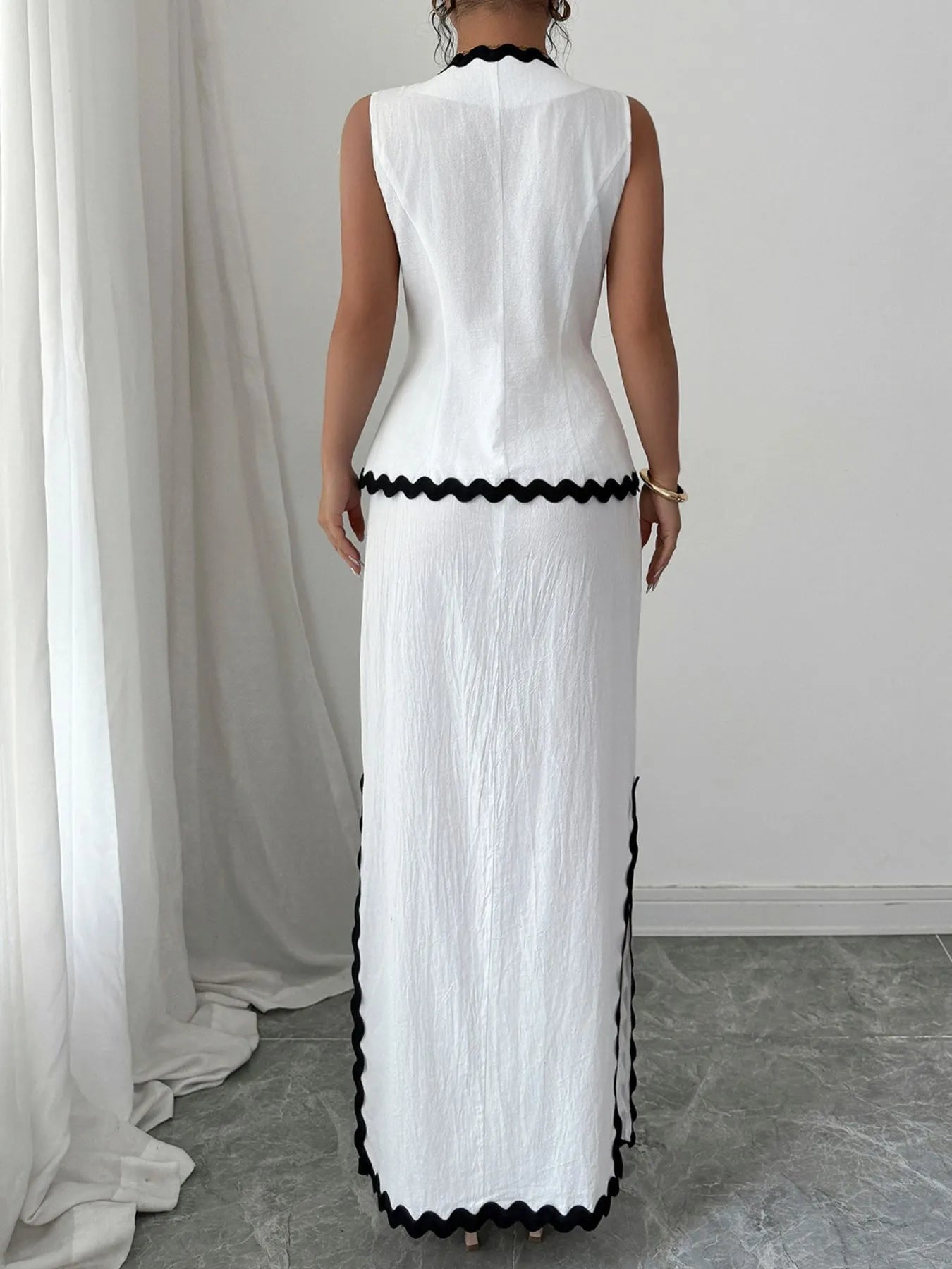Contrast Scalloped Trim Sleeveless Top and Skirt Set - Tigbul's Variety Fashion Shop