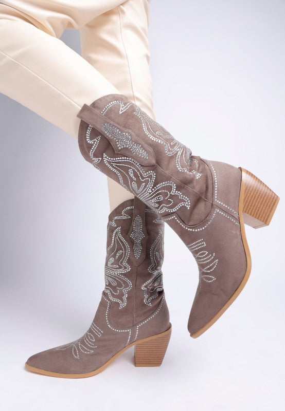 Latafa Rhinestones Embellished Cowboy Boots - Tigbul's Variety Fashion Shop