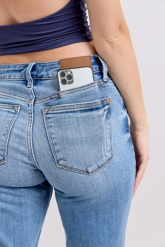 Judy Blue Full Size Mid Rise Vintage Wash Slim Jeans with Cell Phone Pocket Plus Size - Tigbul's Variety Fashion Shop
