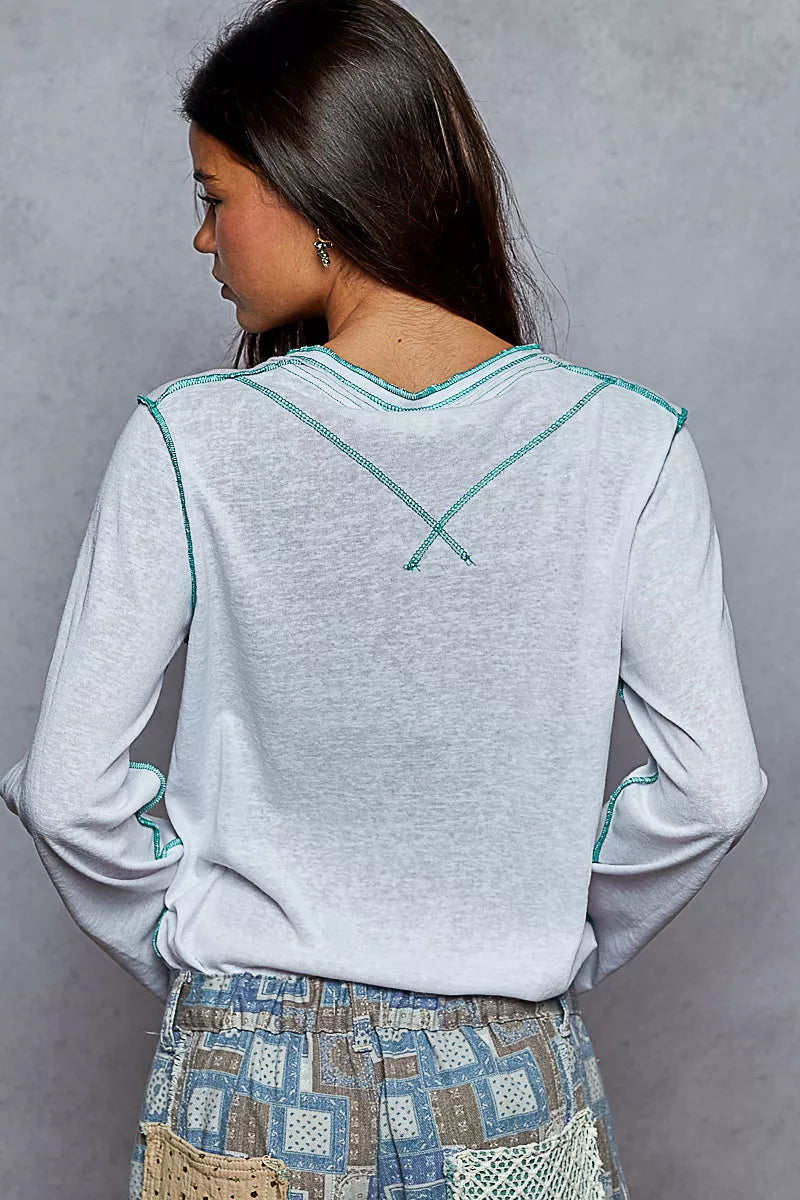 POL Round Neck Long Sleeve Top with Contrast Stitching - Tigbul's Variety Fashion Shop