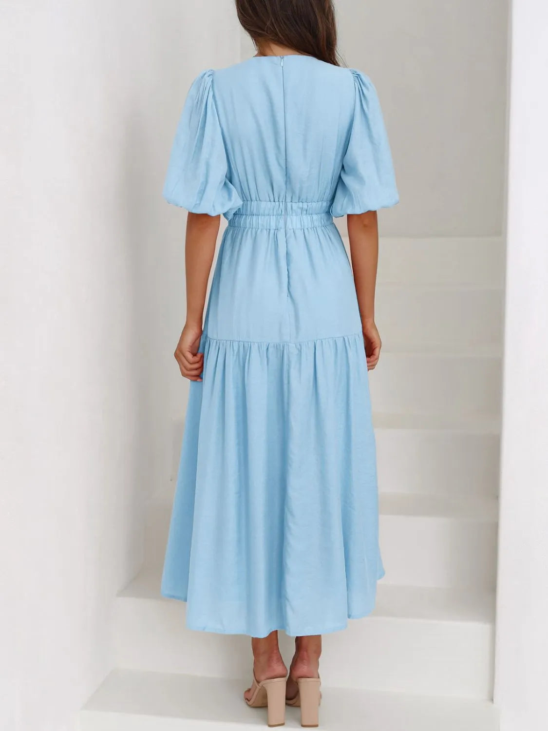 V-Neck Puff Sleeve Midi Dress - Tigbul's Variety Fashion Shop