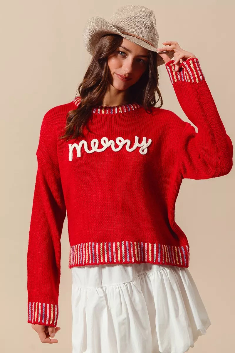 SO ME Merry Lettering Embroidered Christmas Sweater - Tigbul's Variety Fashion Shop