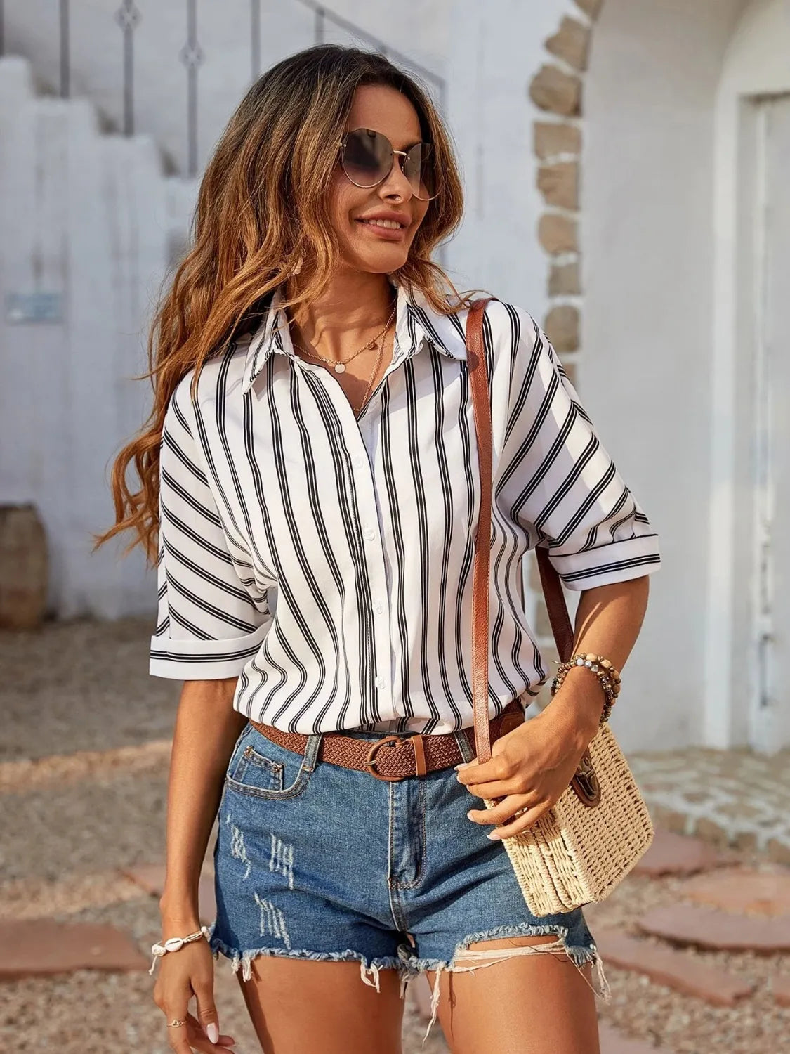 Striped Collared Neck Half Sleeve Shirt - Tigbul's Variety Fashion Shop