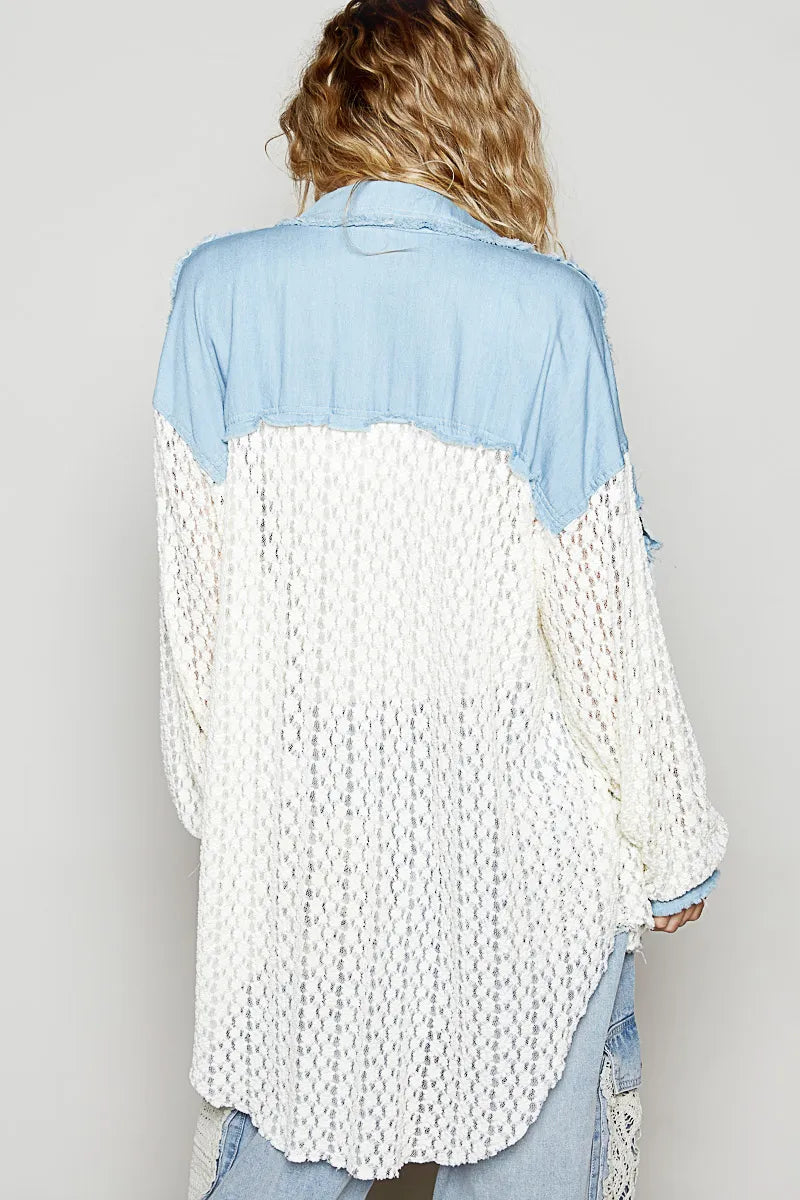 POL High-Low Denim Patchwork Lace Shirt - Tigbul's Variety Fashion Shop