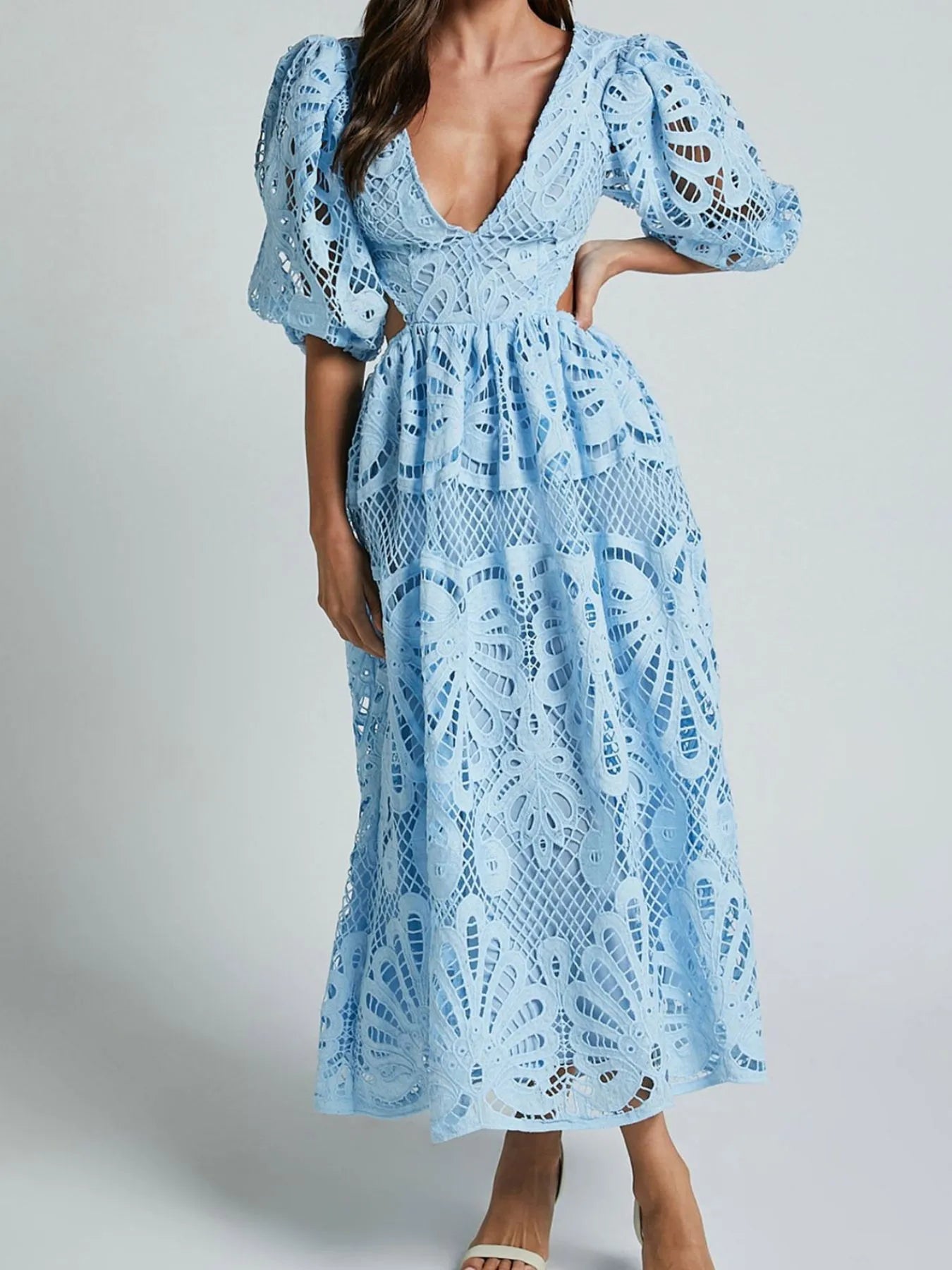 Cutout Back Lace Crochet V-Neck Dress - Tigbul's Variety Fashion Shop