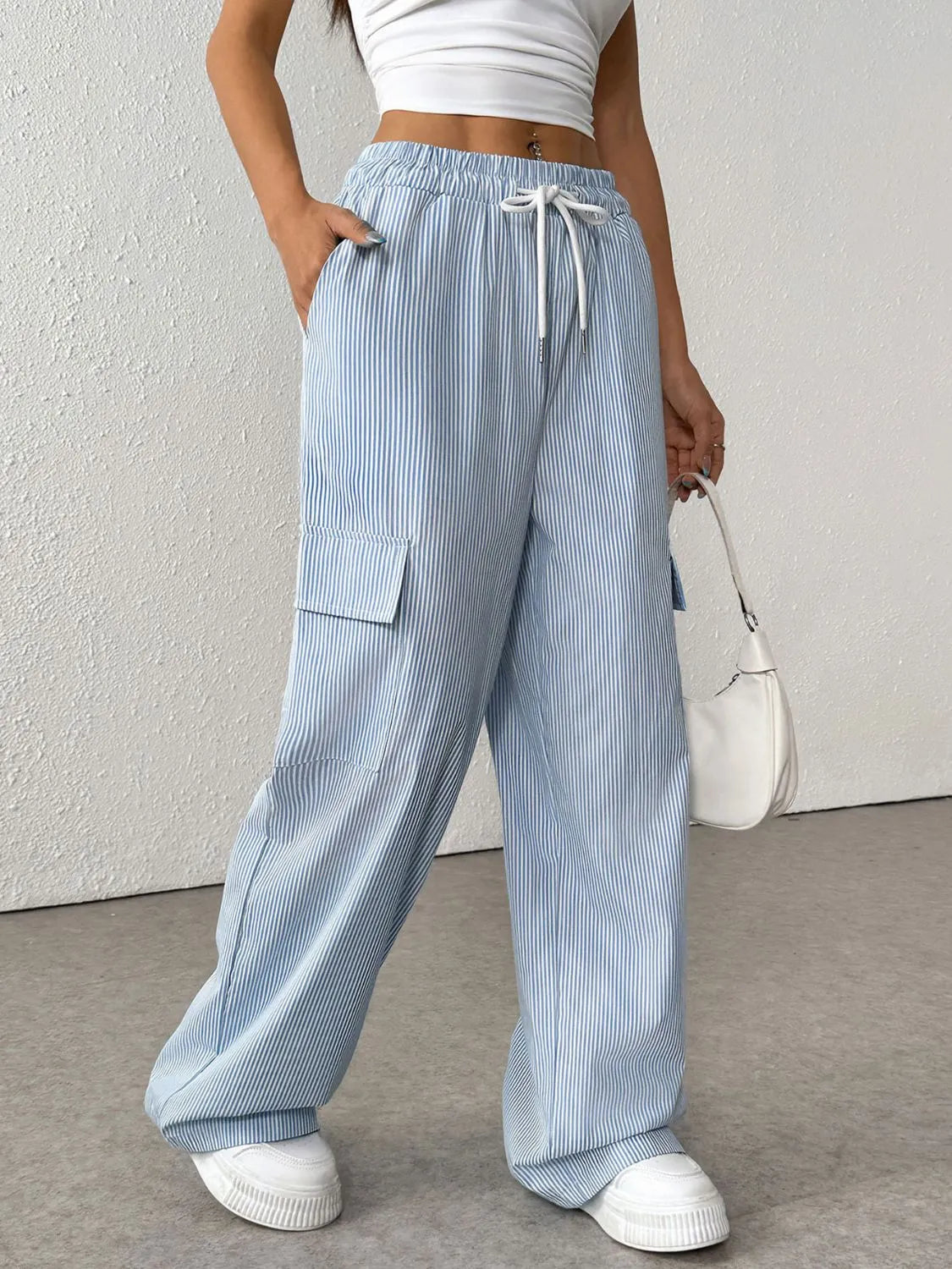 Blue Drawstring Striped Wide Leg Cargo Pants - Tigbul's Variety Fashion Shop