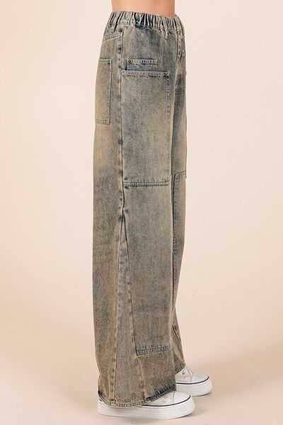 Denim Washed Wide Leg Jeans with Pockets - Tigbul's Variety Fashion Shop