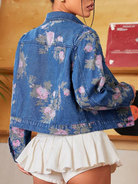 Floral Print Cropped Denim Jacket - Tigbul's Variety Fashion Shop