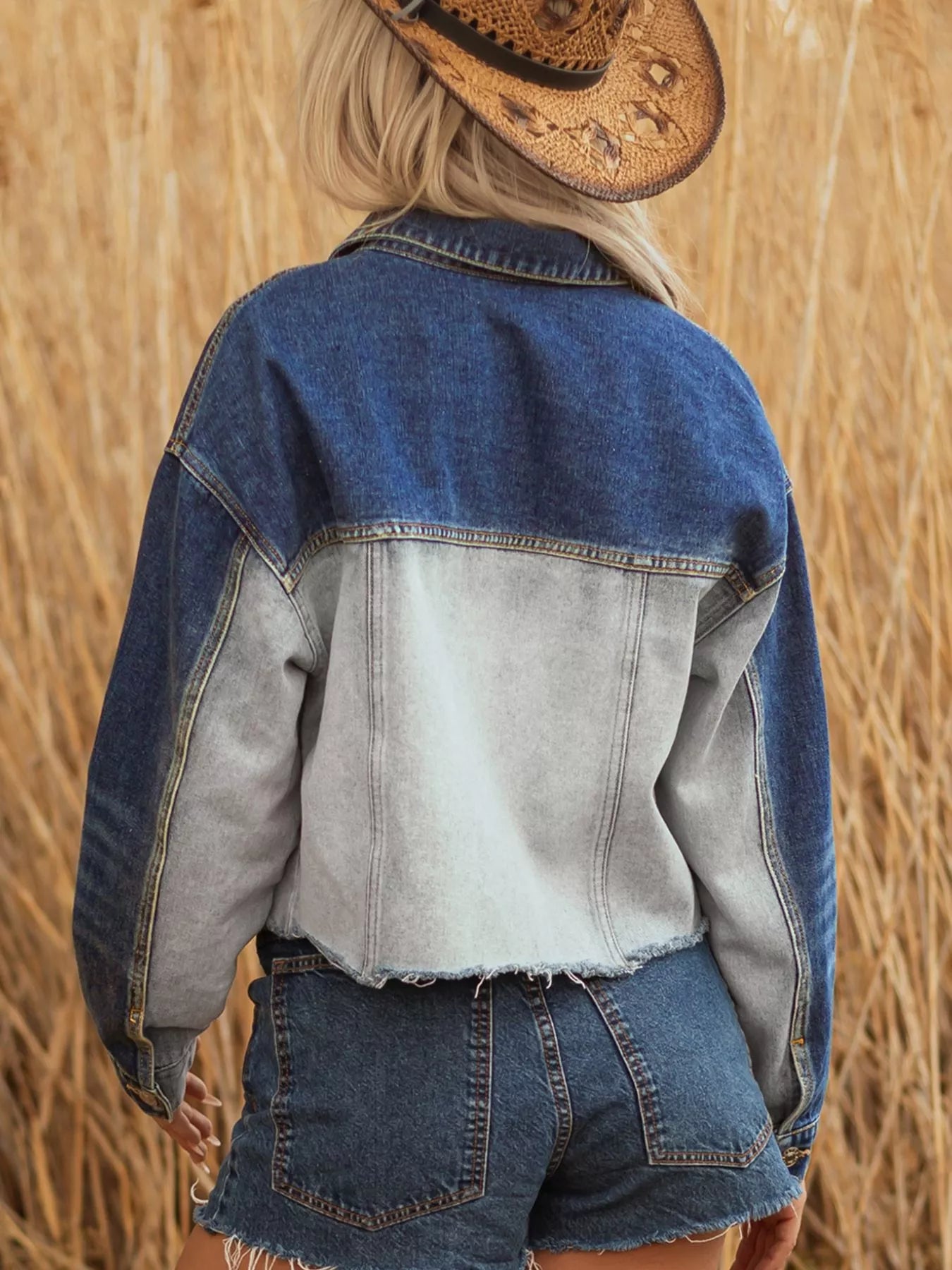 Color Block Patchwork Raw Hem Denim Jacket - Tigbul's Variety Fashion Shop