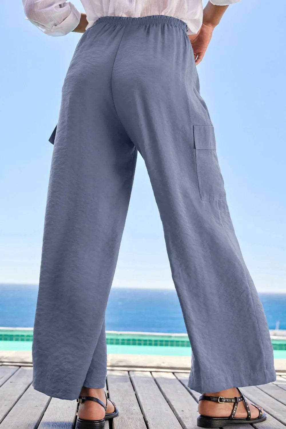 Drawstring Frilled Waist Wide Leg Utility Trousers - Tigbul's Variety Fashion Shop