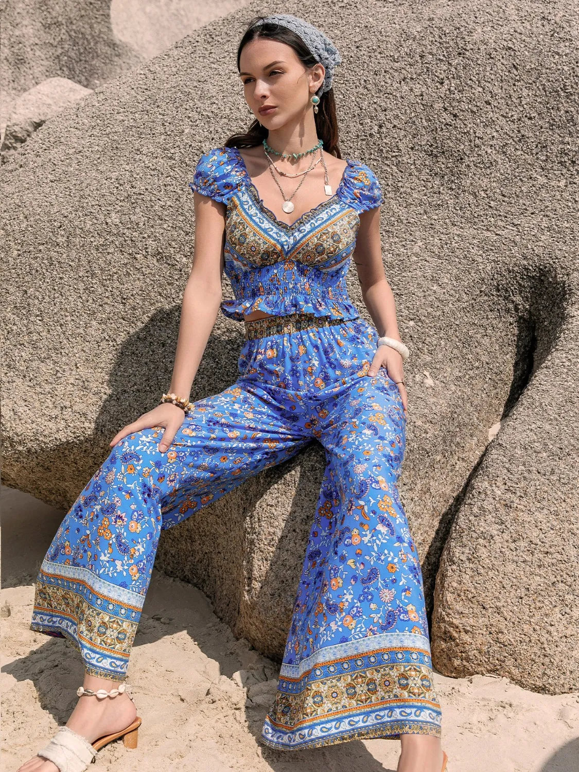 Printed V-Neck Top and Pants Set - Tigbul's Variety Fashion Shop