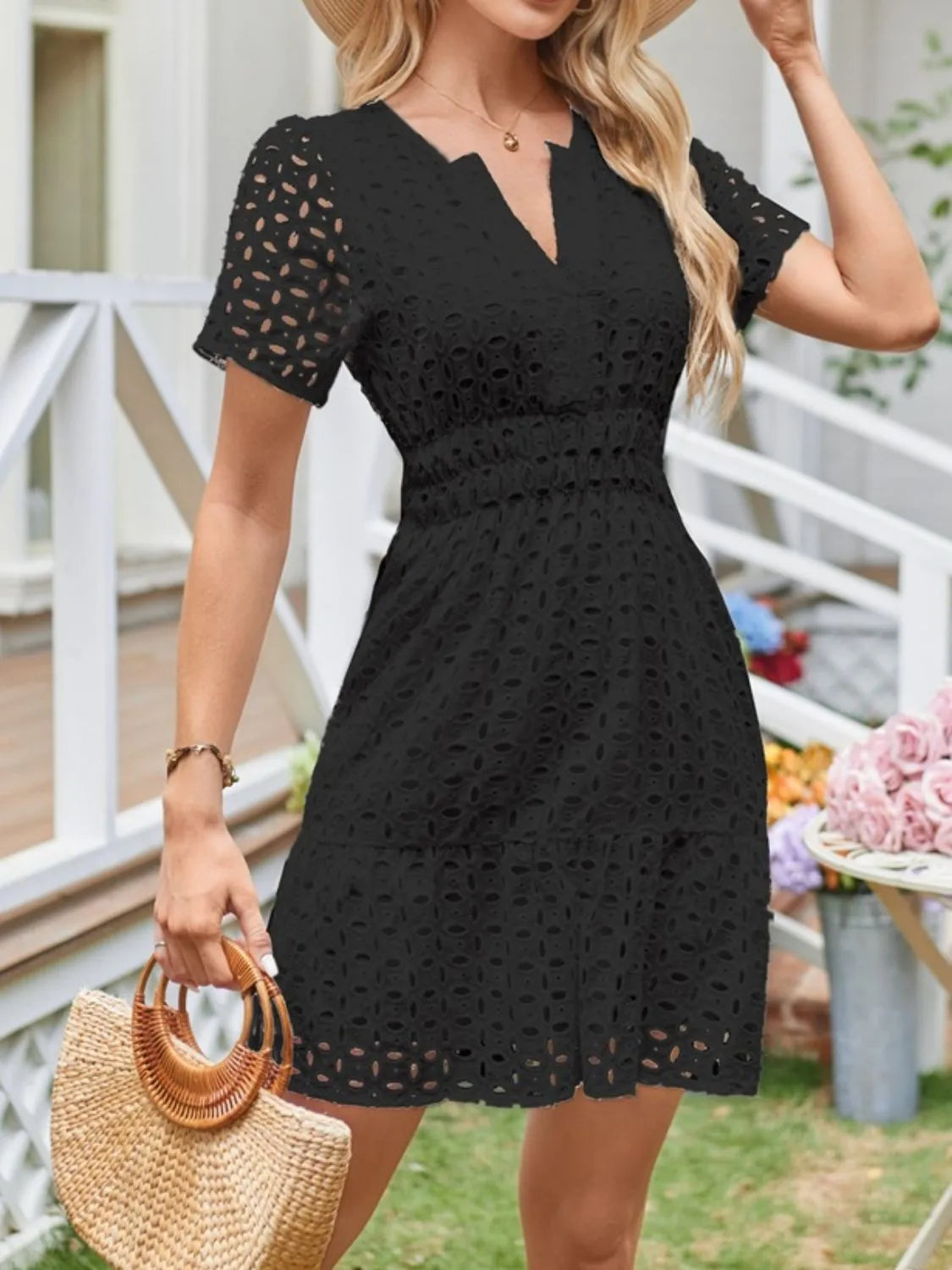 Eyelet Notched Short Sleeve Dress - Tigbul's Variety Fashion Shop