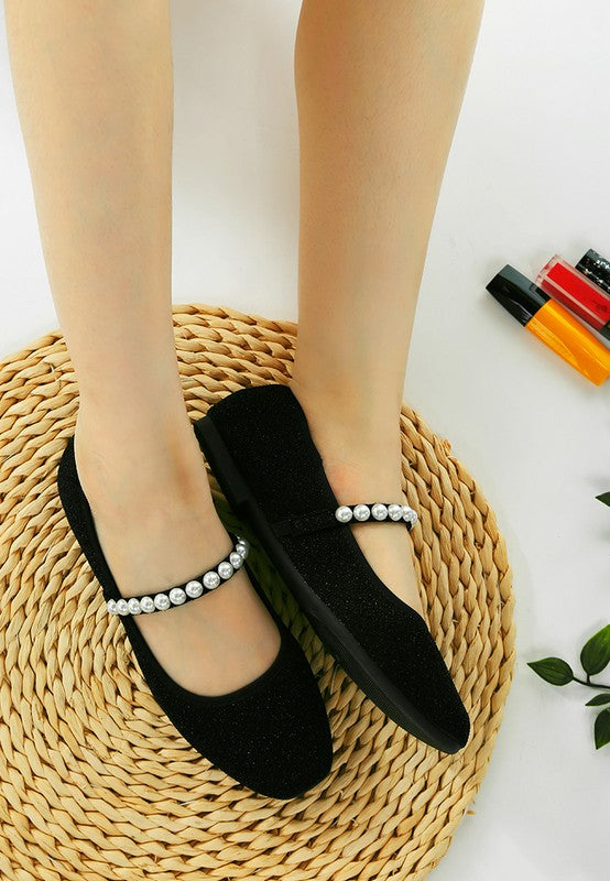 Corphee Pearl Strapped Glitter Ballerinas - Tigbul's Variety Fashion Shop
