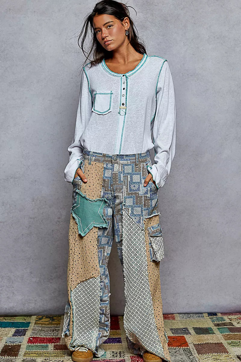 POL Round Neck Long Sleeve Top with Contrast Stitching - Tigbul's Variety Fashion Shop