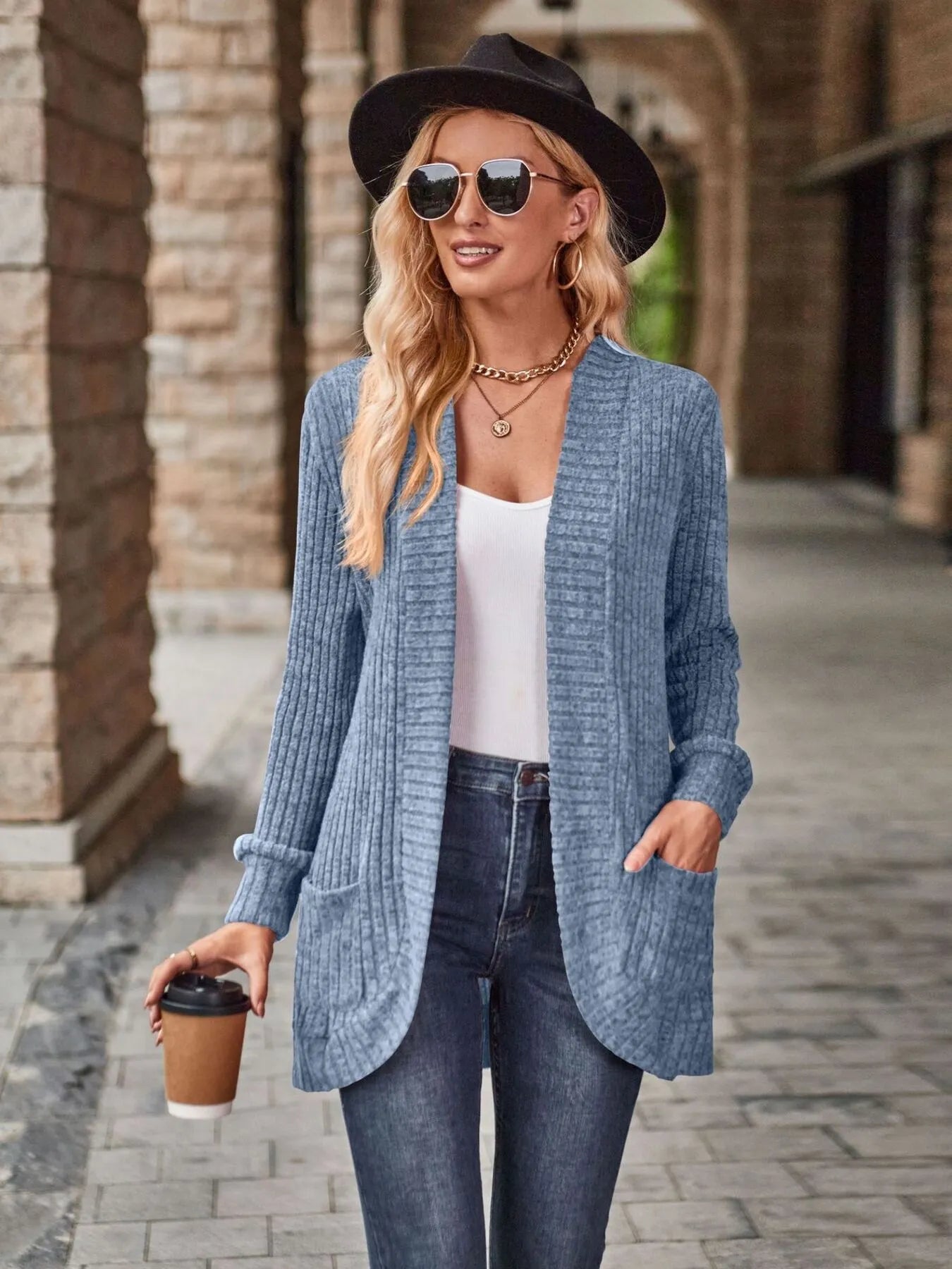 Ribbed Open Front Long Cardigan with Pockets - Tigbul's Variety Fashion Shop
