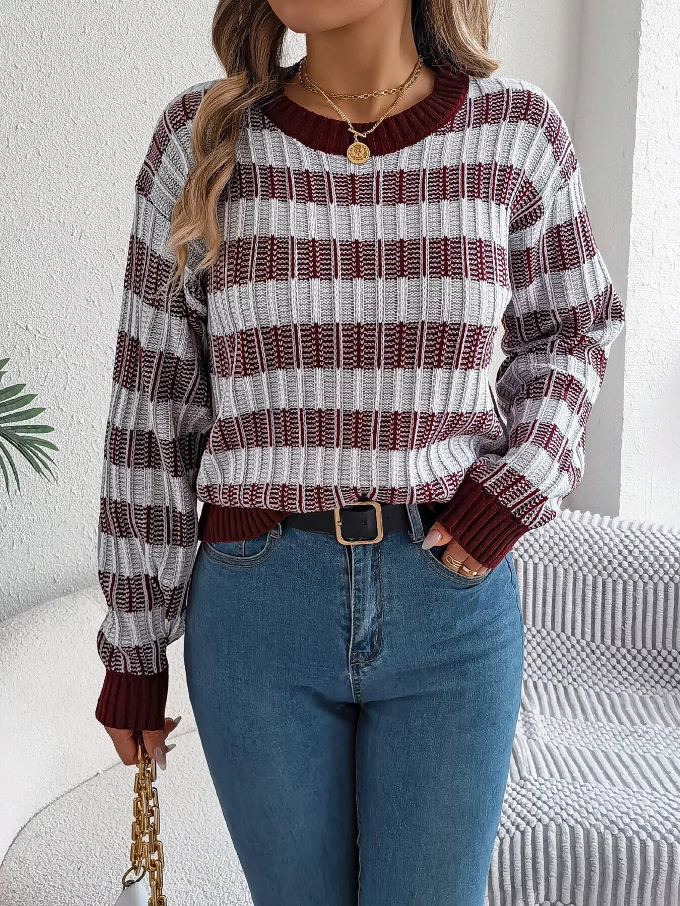 Striped Round Neck Long Sleeve Sweater - Tigbul's Variety Fashion Shop