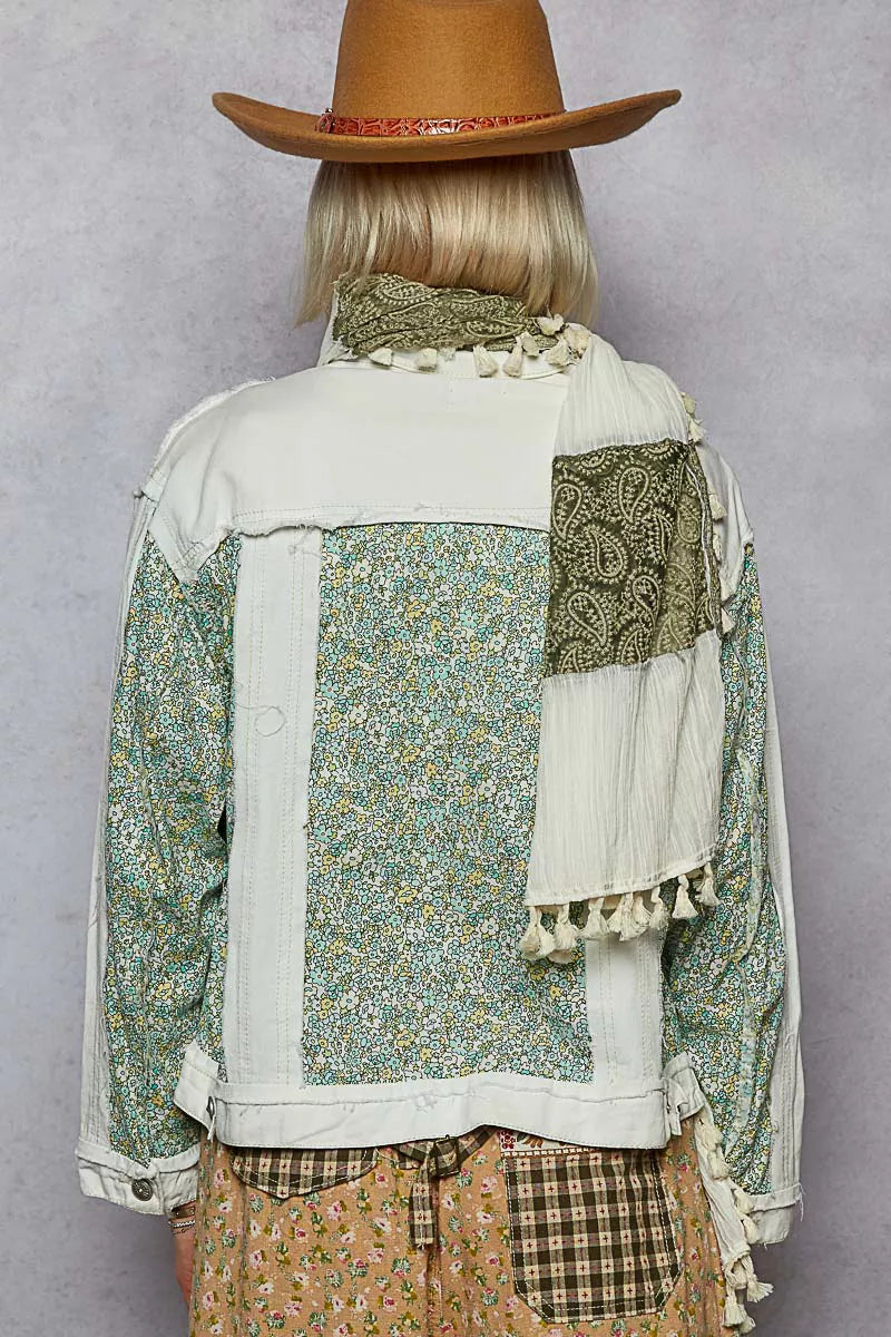 POL Button Down Patchwork Denim Jacket with Floral Print Details - Tigbul's Variety Fashion Shop
