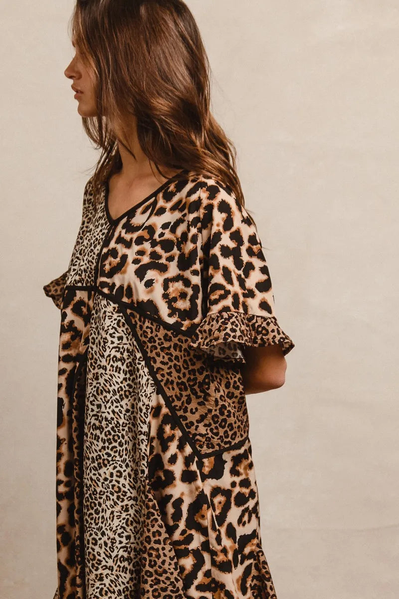BiBi Leopard Prints Mix and Match Short Sleeves Dress - Tigbul's Variety Fashion Shop