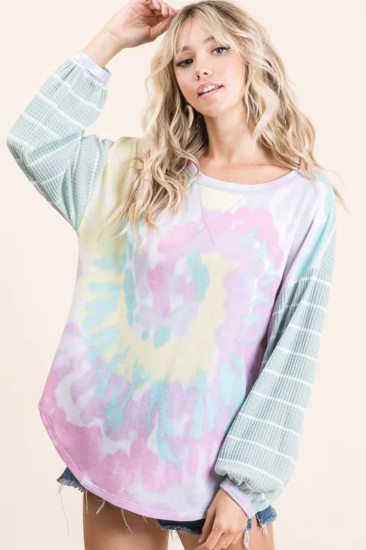 BiBi Tie Dye Terry Top with Wide Stripe Thermal Waffle - Tigbul's Variety Fashion Shop