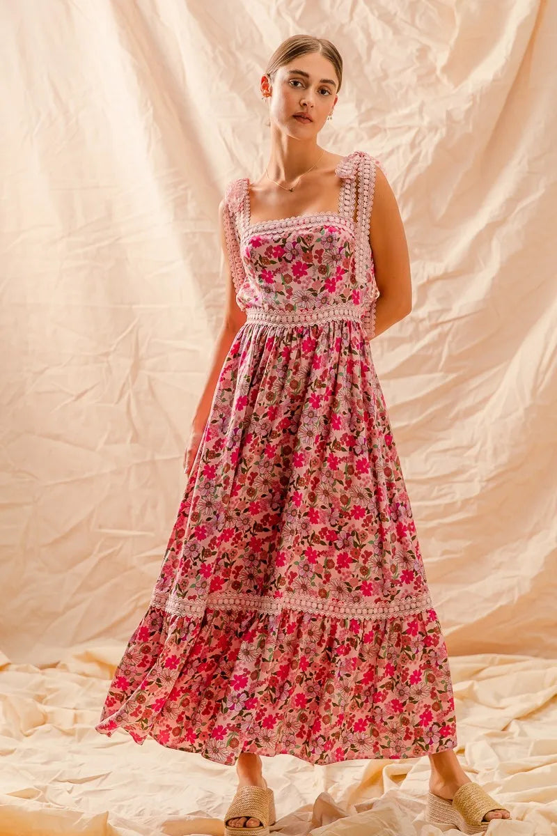 SO ME Floral Maxi Dress With Ribbon Tie Lace Strap - Tigbul's Variety Fashion Shop