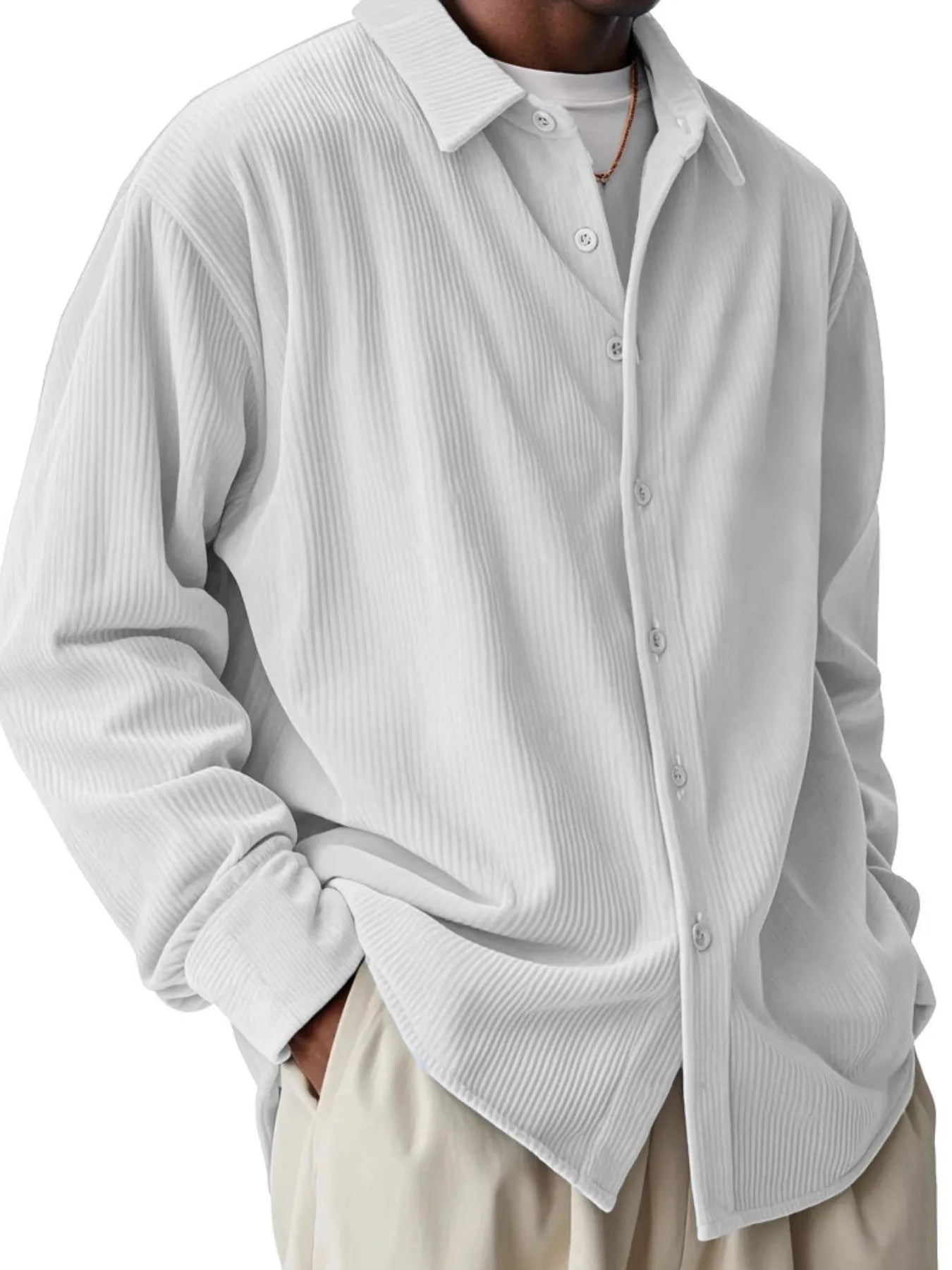 Men's Full Size Textured Button-Down Corduroy Shirt Plus Size - Tigbul's Variety Fashion Shop