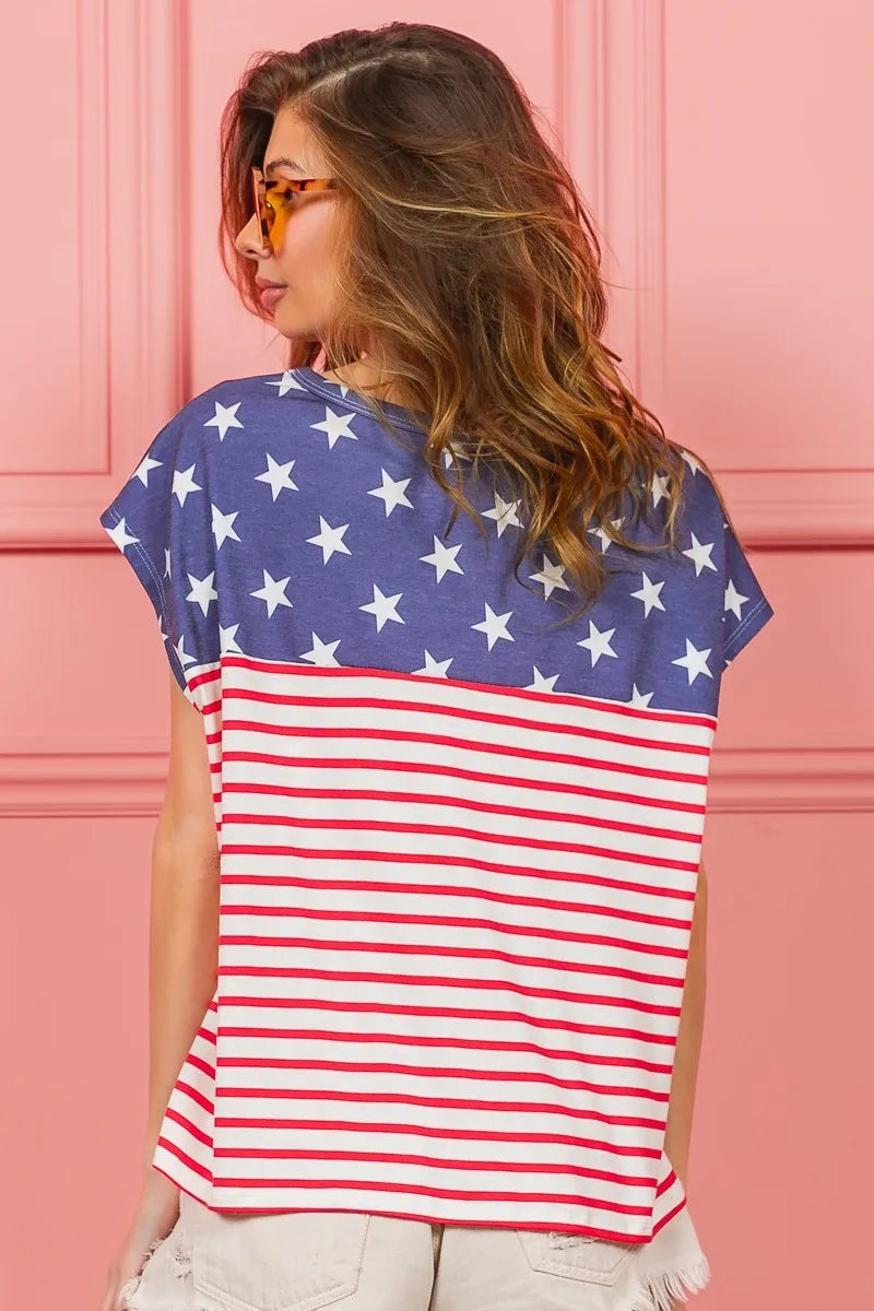 Star Rpinted with Stripe Combo Top - Tigbul's Variety Fashion Shop