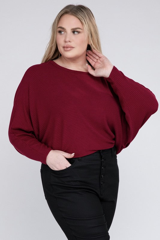 Plus Ribbed Batwing Long Sleeve Boat Neck Sweater - Tigbul's Variety Fashion Shop