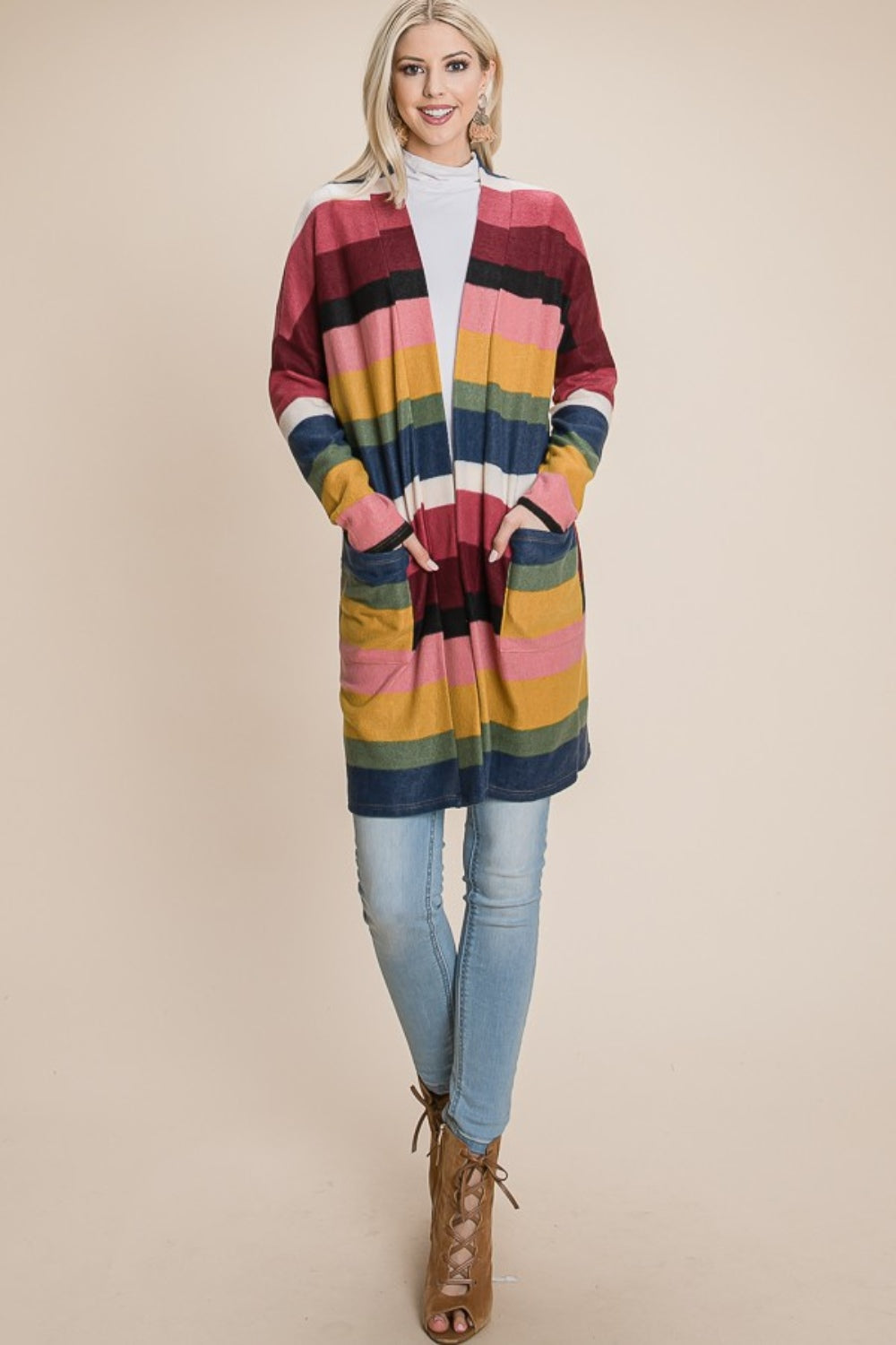 BOMBOM Color Block Striped Open Front Cardigan - Tigbul's Variety Fashion Shop