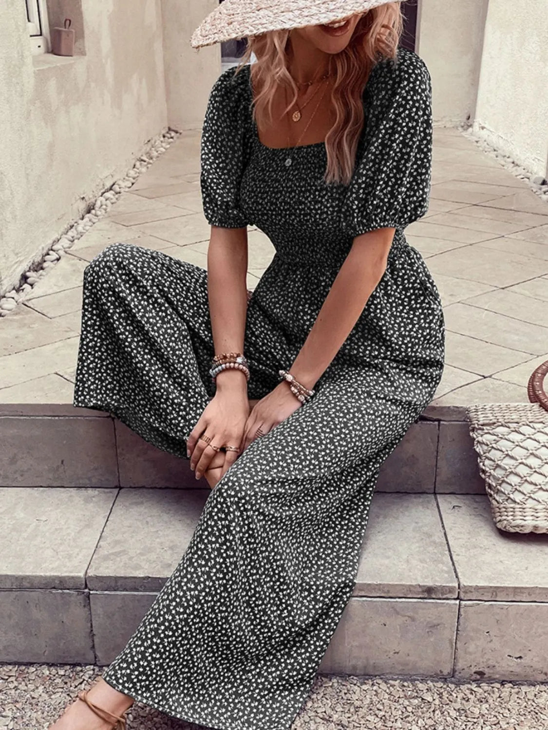 Printed Square Neck Puff Sleeve Jumpsuit - Tigbul's Variety Fashion Shop
