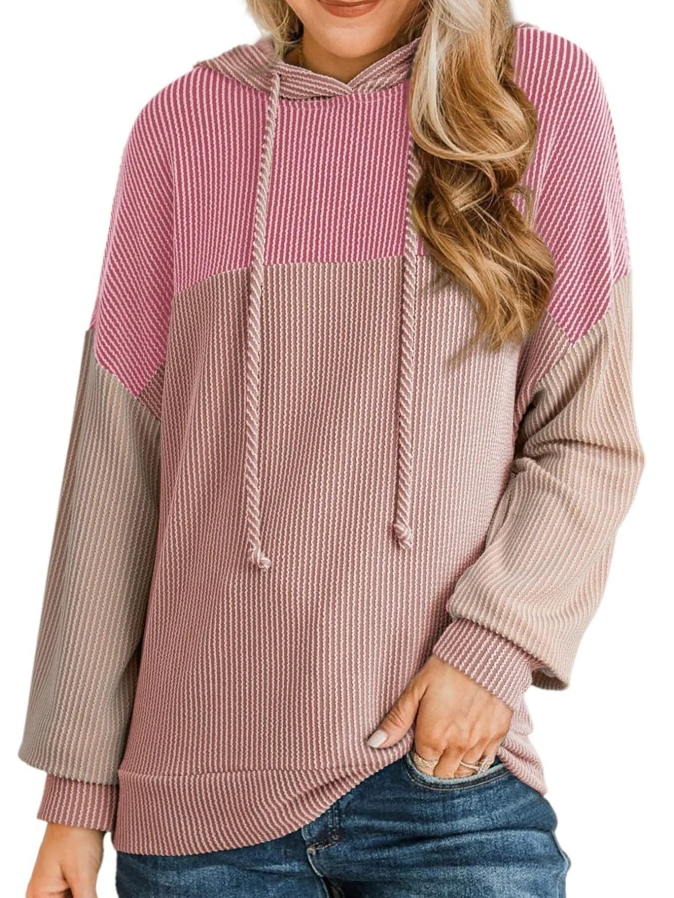 Drawstring Color Block Long Sleeve Hoodie - Tigbul's Variety Fashion Shop