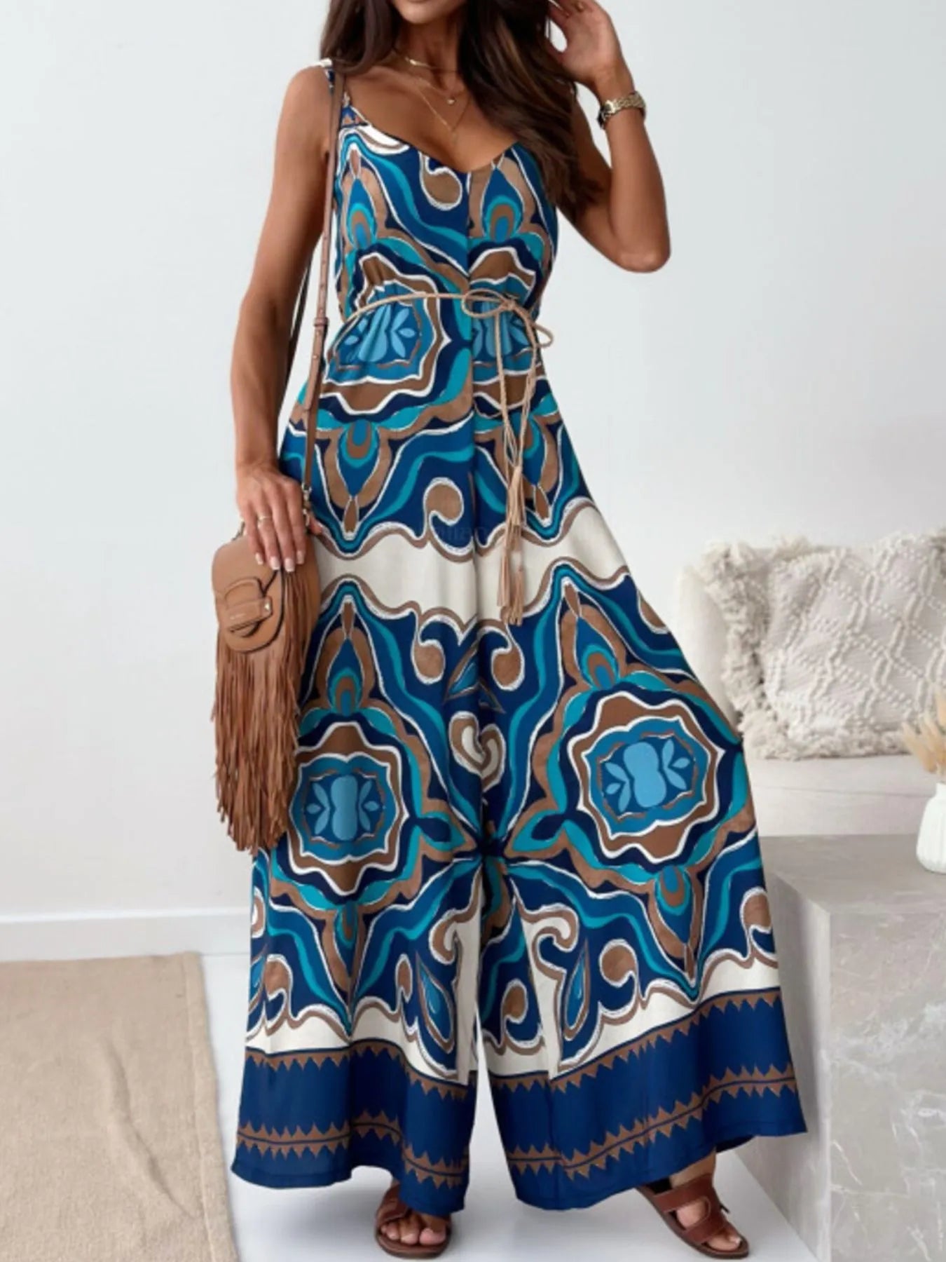 Paisley Print Spaghetti Strap Wide Leg Jumpsuit - Tigbul's Variety Fashion Shop