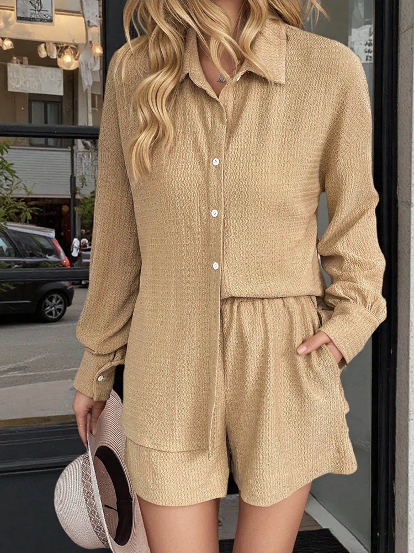 Button Up Long Sleeve Shirt and Shorts Set - Tigbul's Variety Fashion Shop