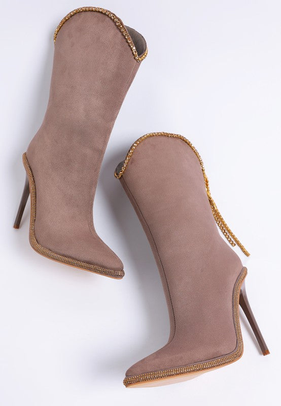 Ashipa Diamante Chain Detail Calf Boots 4 inch Heels - Tigbul's Variety Fashion Shop