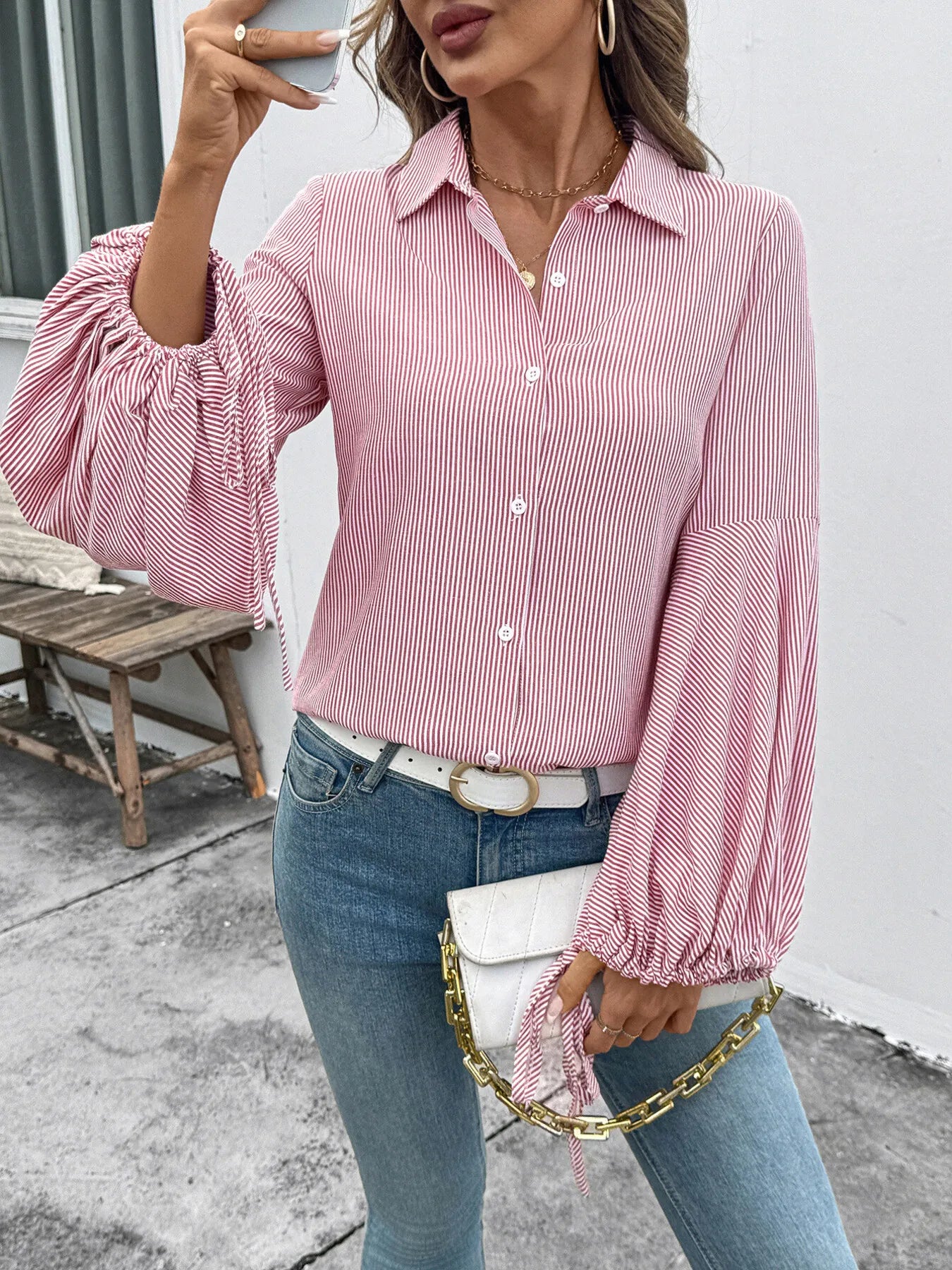 Striped Balloon Sleeve Button-Up Shirt - Tigbul's Variety Fashion Shop