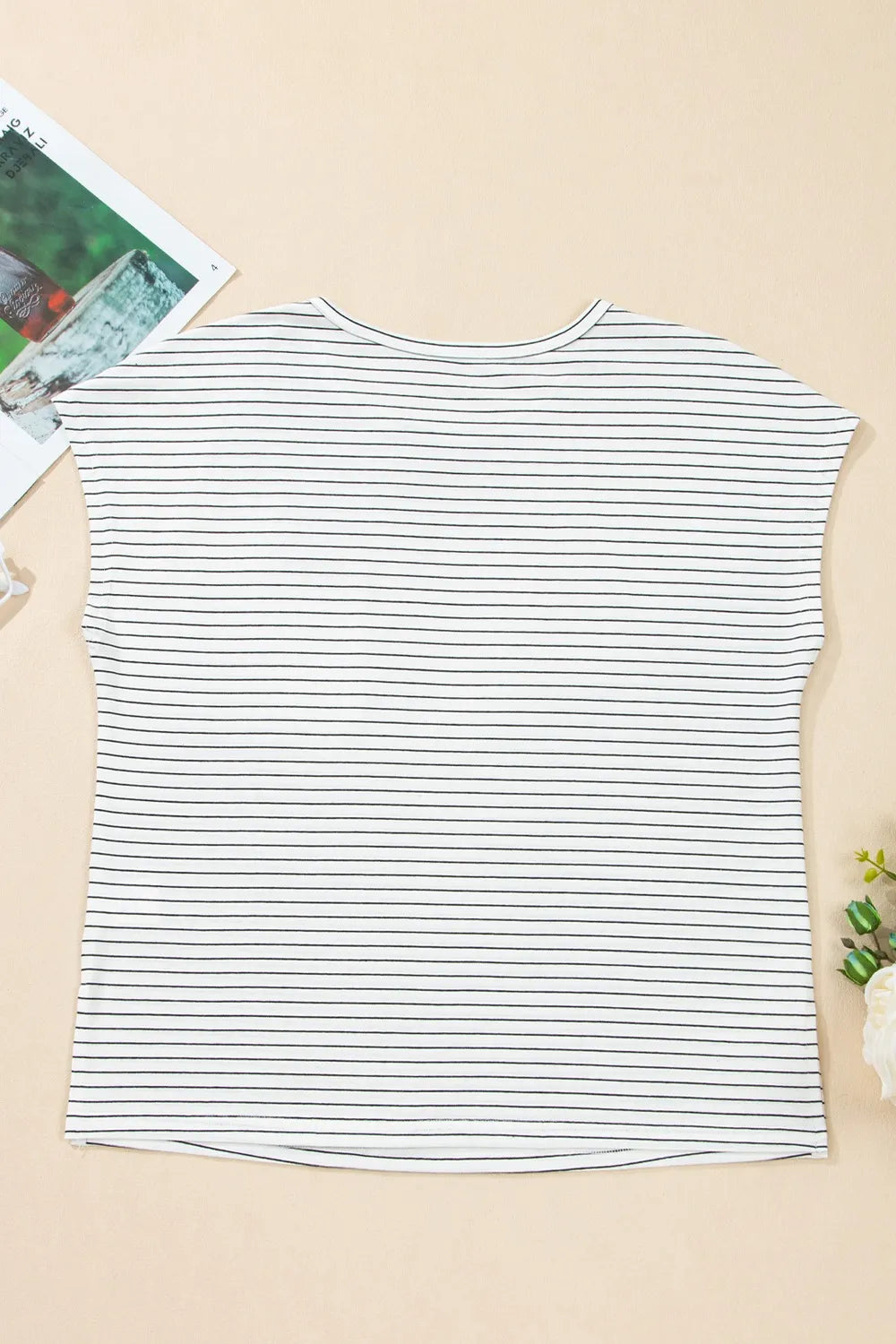 Stripe Cap Sleeve Crew Neck Casual Tee with Chest Pocket - Tigbul's Variety Fashion Shop